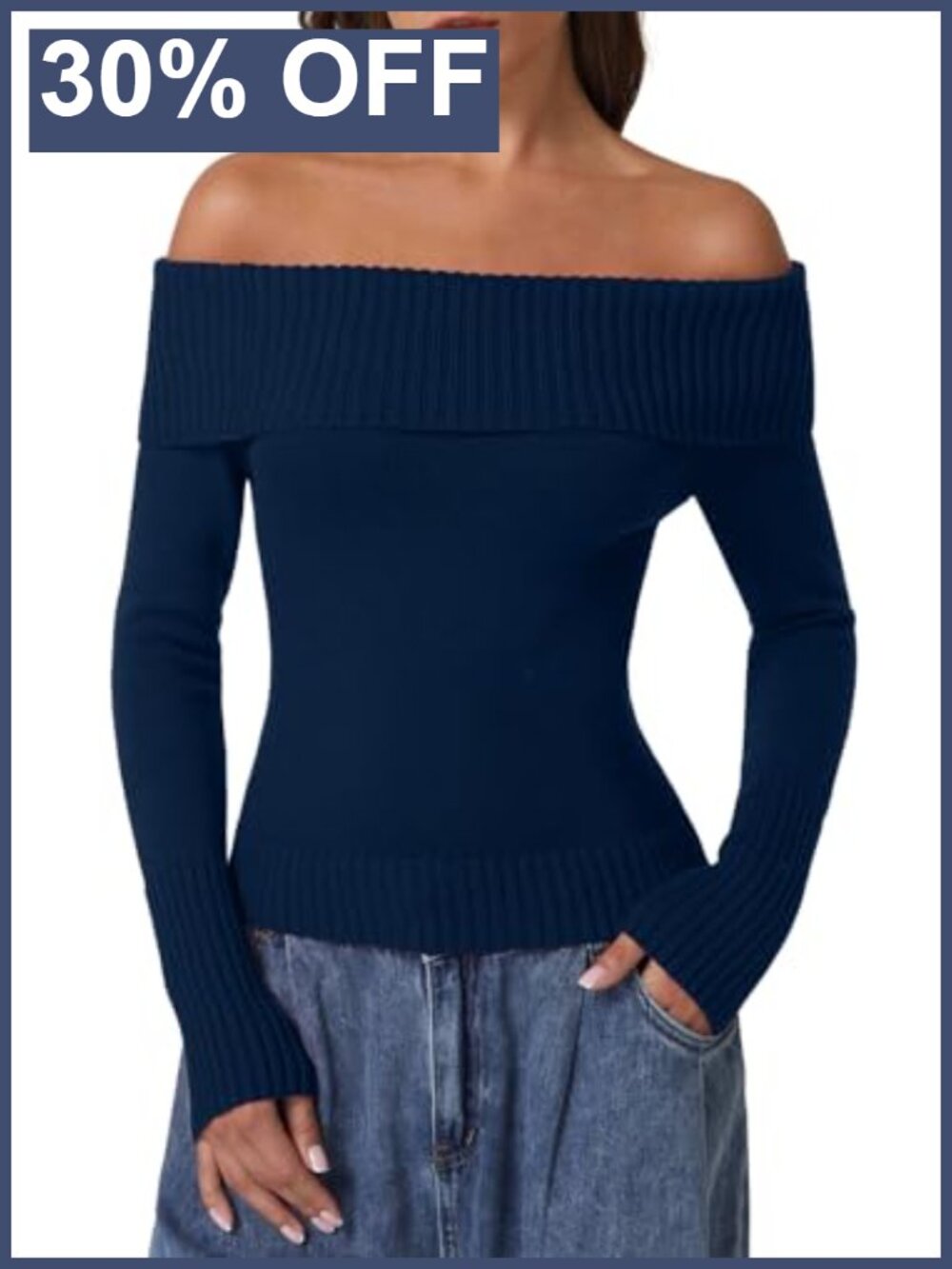 Off the Shoulder Sweater 100% Cotton Long Sleeve Ribbed Knit Pullover Slim Fit